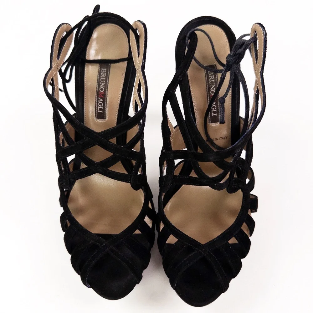 Bruno Magli Empress Black Suede Lace-Up Platform Heels Sandals Sz 38 w/ Box - Picture 3 of 11
